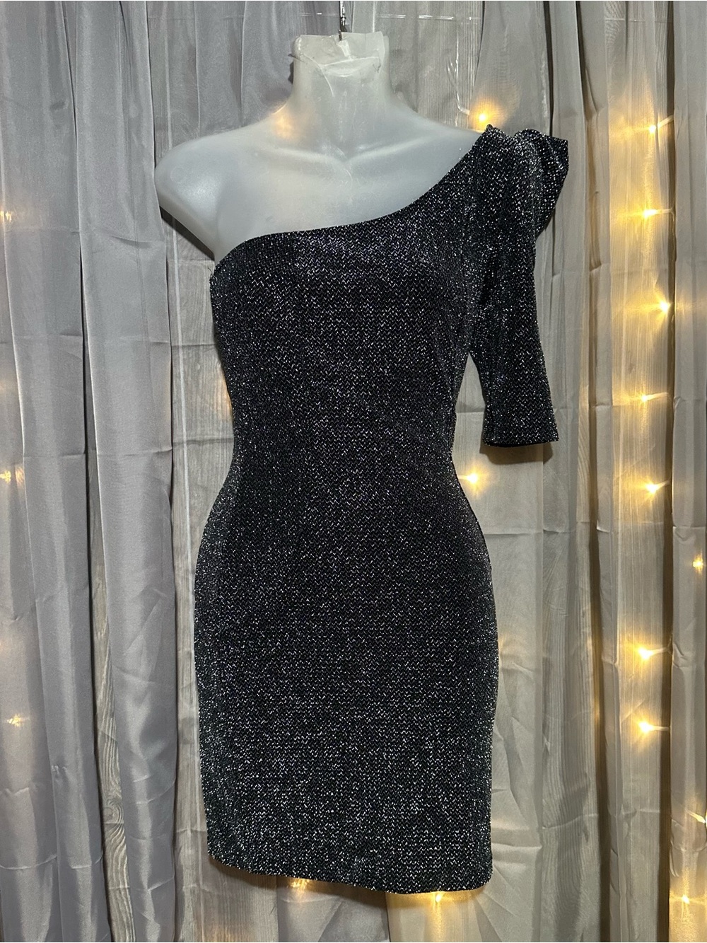 90’s/2000’s Mystic black and silver sparkle one sleeve mini dress puff shoulder